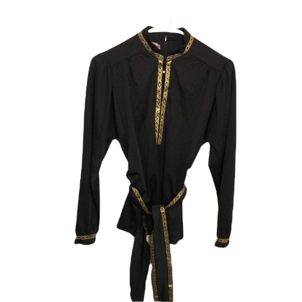 Vintage Caron Chicago Women's Japanese Tunic Top Black Gold Embroidered Belt Zip